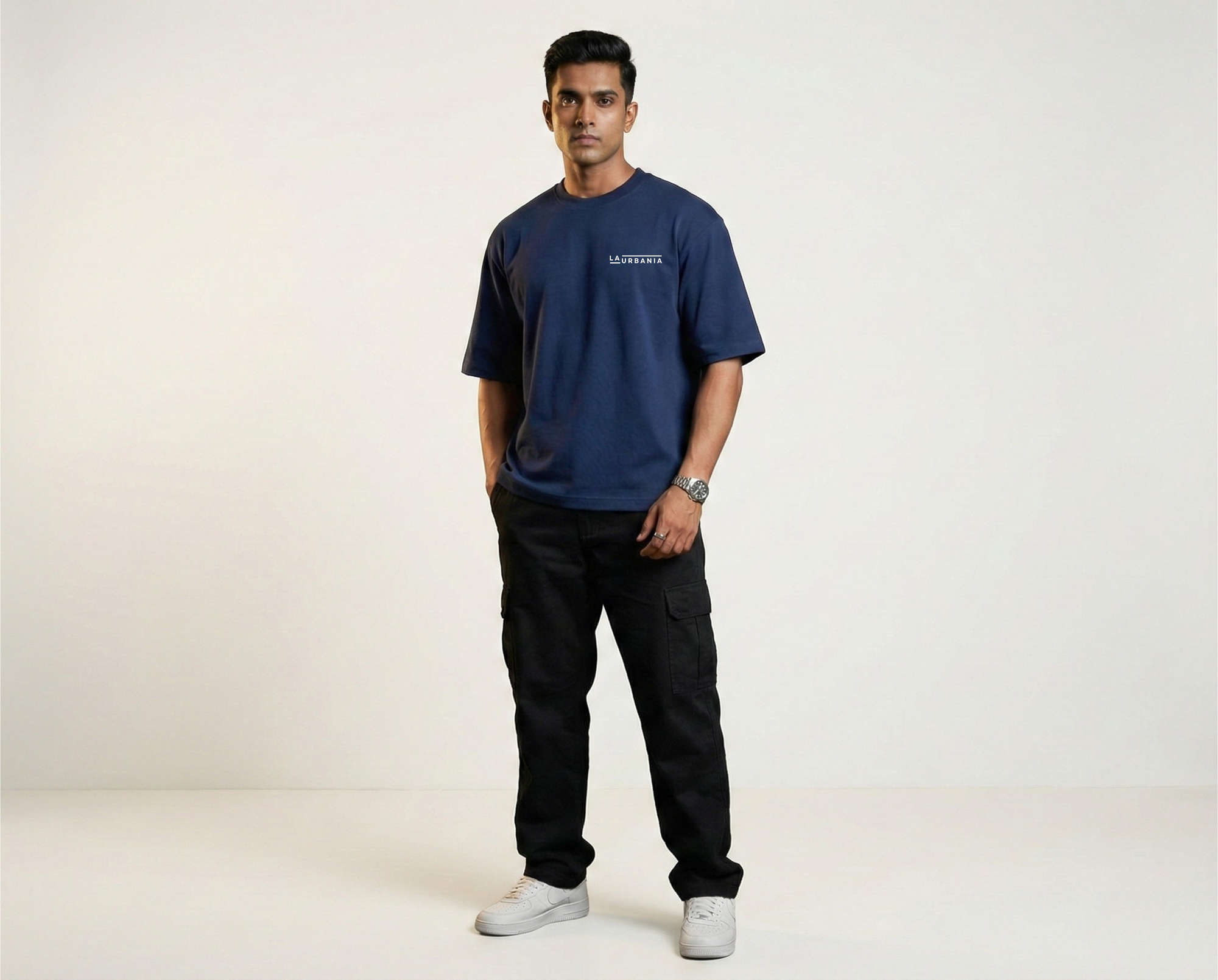 LaUrbania Imperial Blue SUPIMA cotton oversized t-shirt full body studio shot