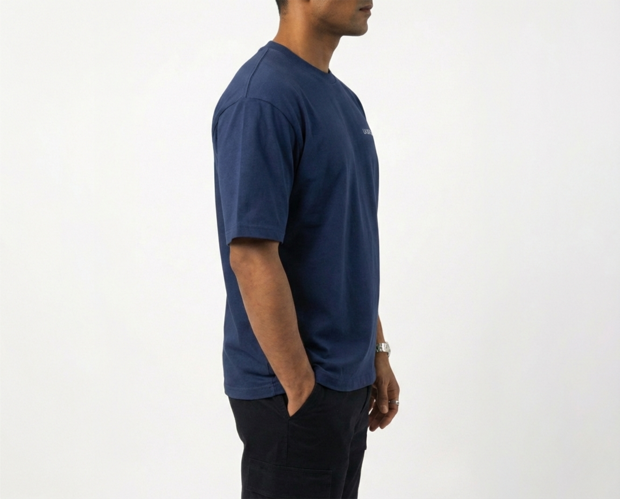 LaUrbania Imperial Blue oversized t-shirt side pose urban fit