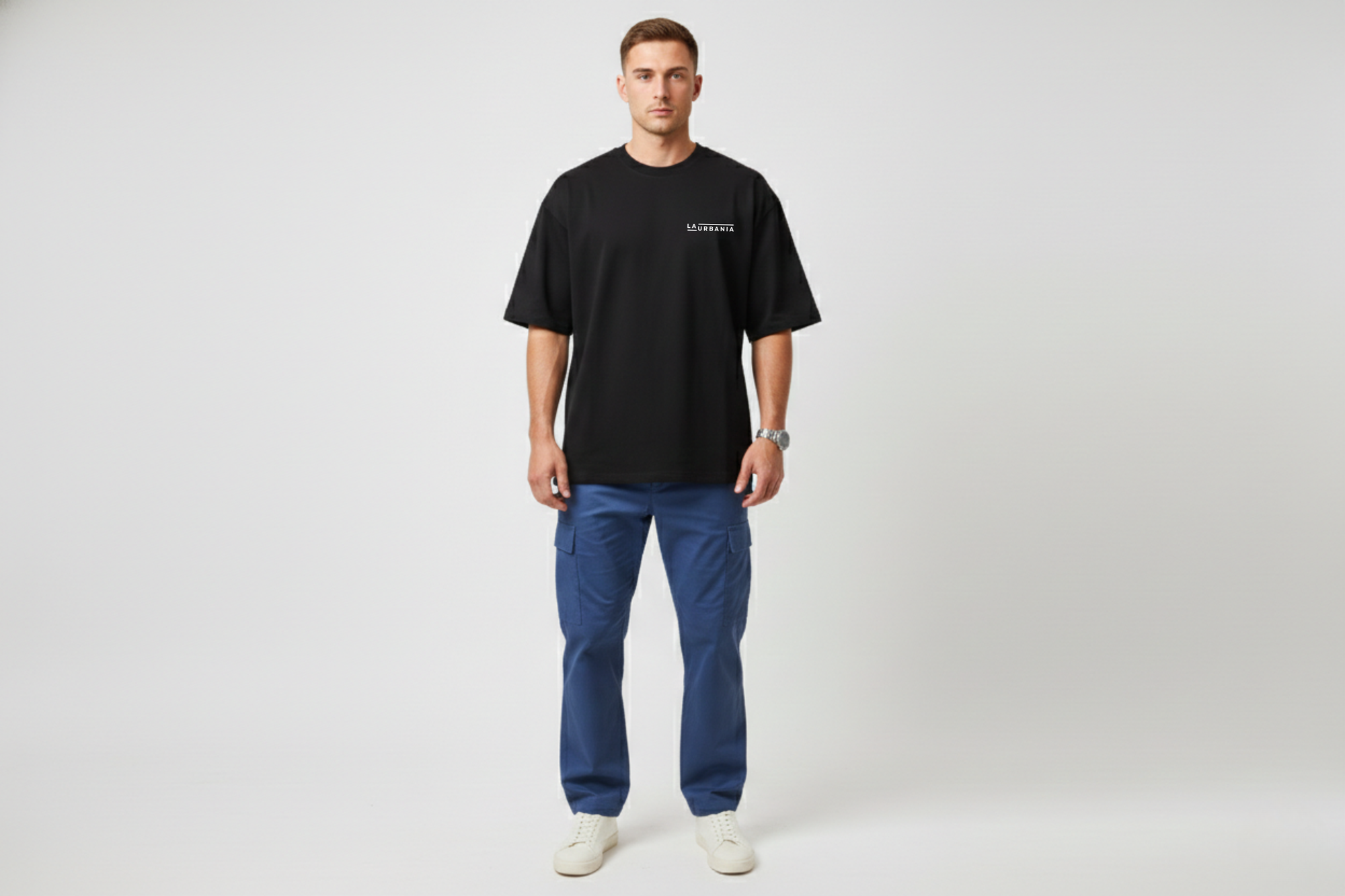 LaUrbania Jet Black SUPIMA cotton oversized t-shirt full body studio shot