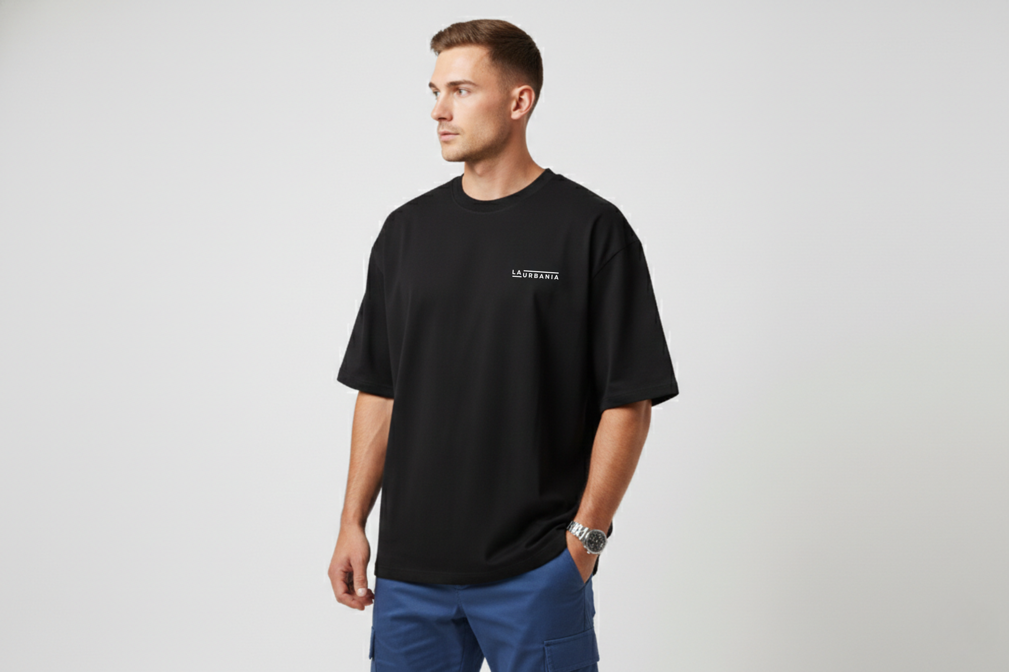 LaUrbania Jet Black oversized tee upper body front view SUPIMA cotton