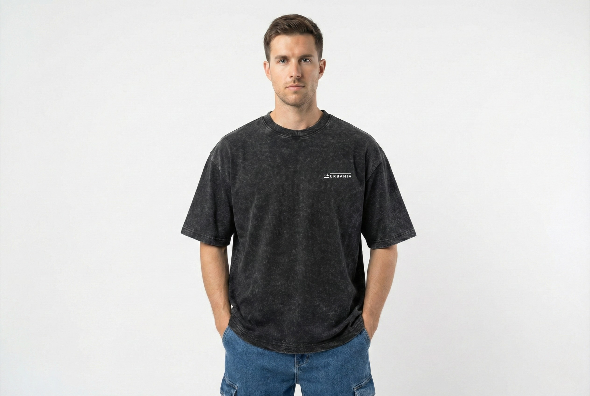 LaUrbania Jet Black stone washed oversized tee upper body front view