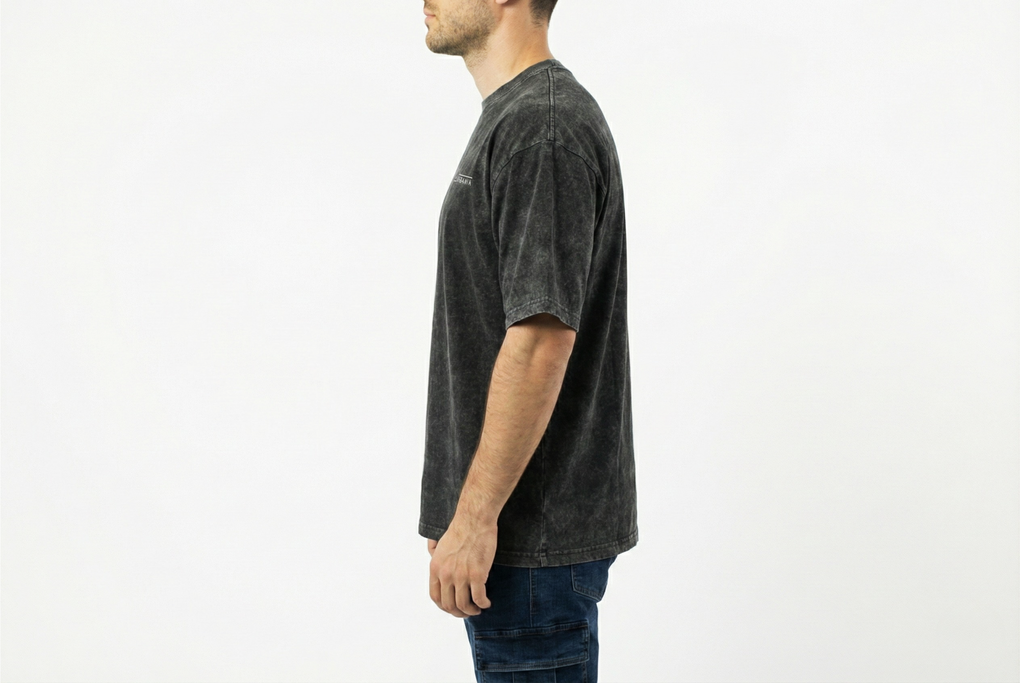 LaUrbania Jet Black stone washed oversized t-shirt side pose urban fit