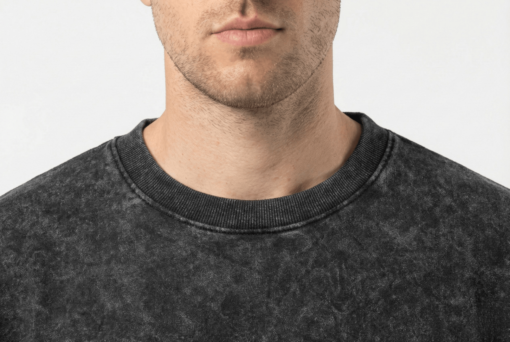 LaUrbania Jet Black stone washed oversized tee texture closeup vintage finish collar detail