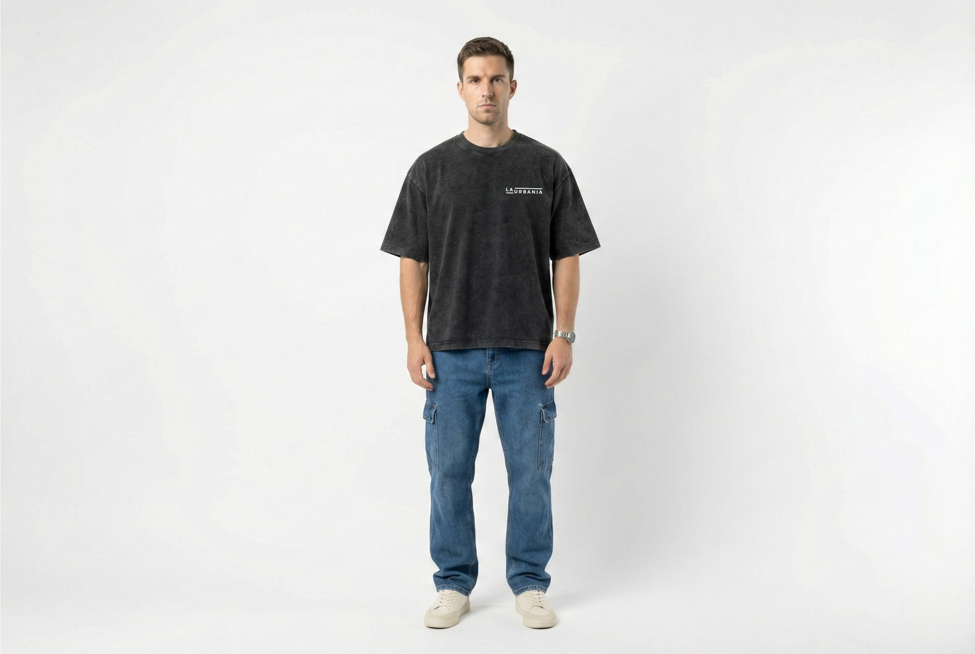 LaUrbania Jet Black stone washed SUPIMA cotton oversized t-shirt full body studio shot