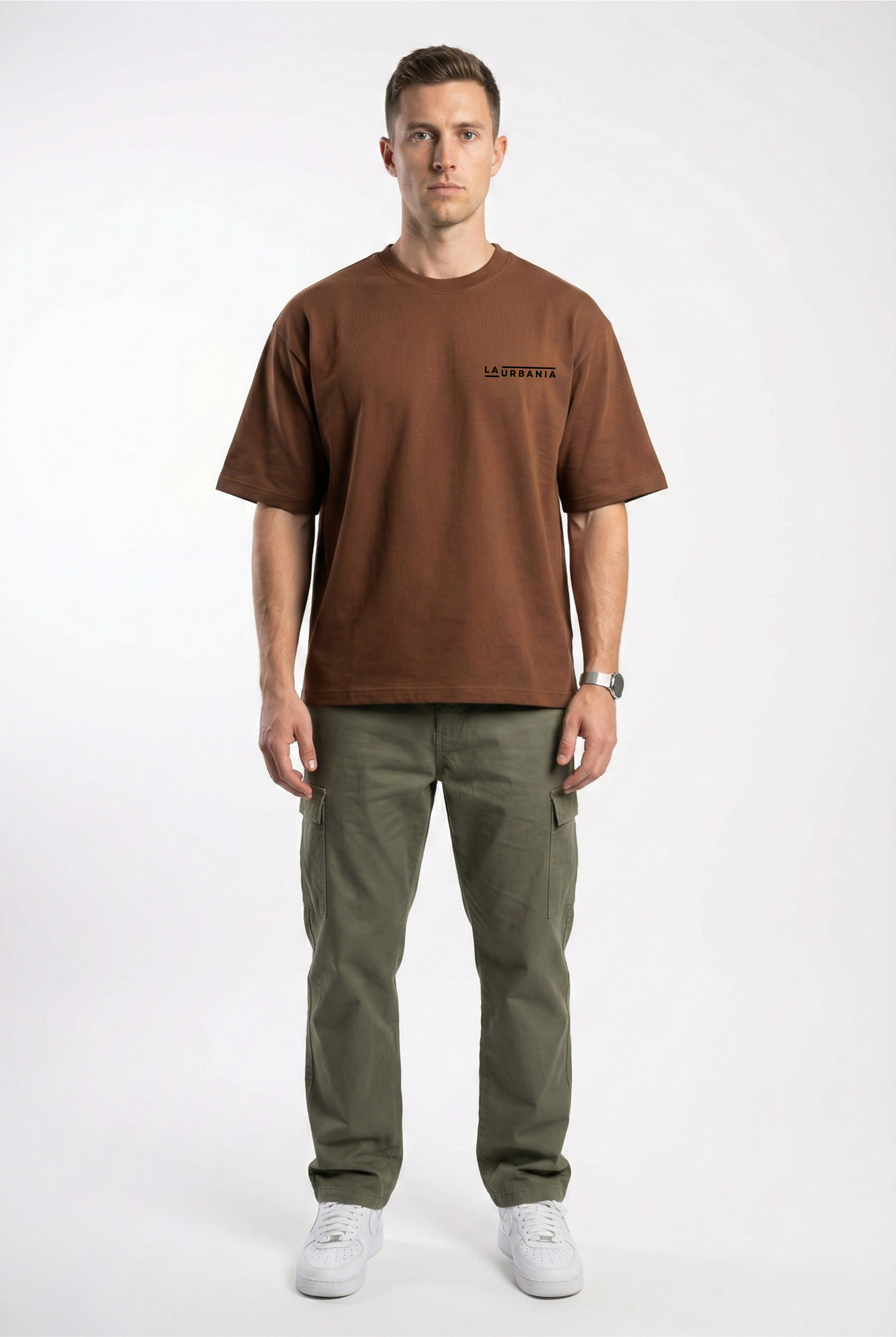 LaUrbania Mocha Mousse SUPIMA cotton oversized t-shirt full body studio shot