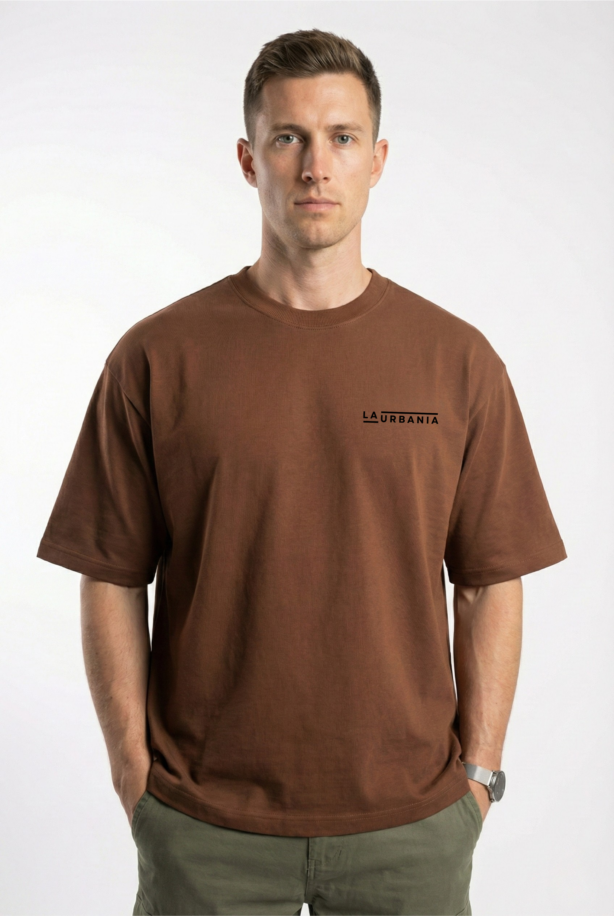LaUrbania Mocha Mousse oversized tee upper body front view SUPIMA cotton