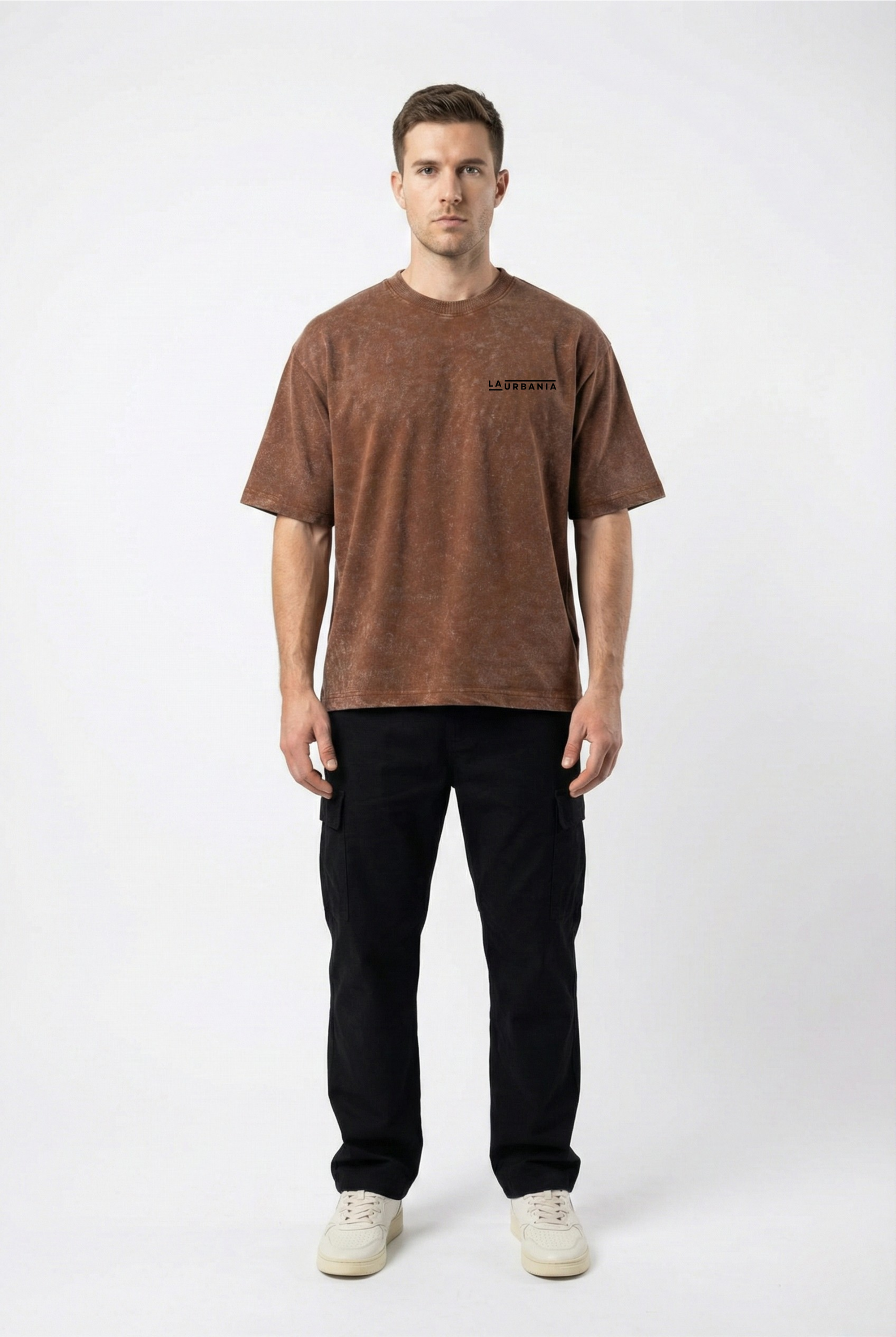 LaUrbania Mocha Mousse stone washed SUPIMA cotton oversized t-shirt full body studio shot