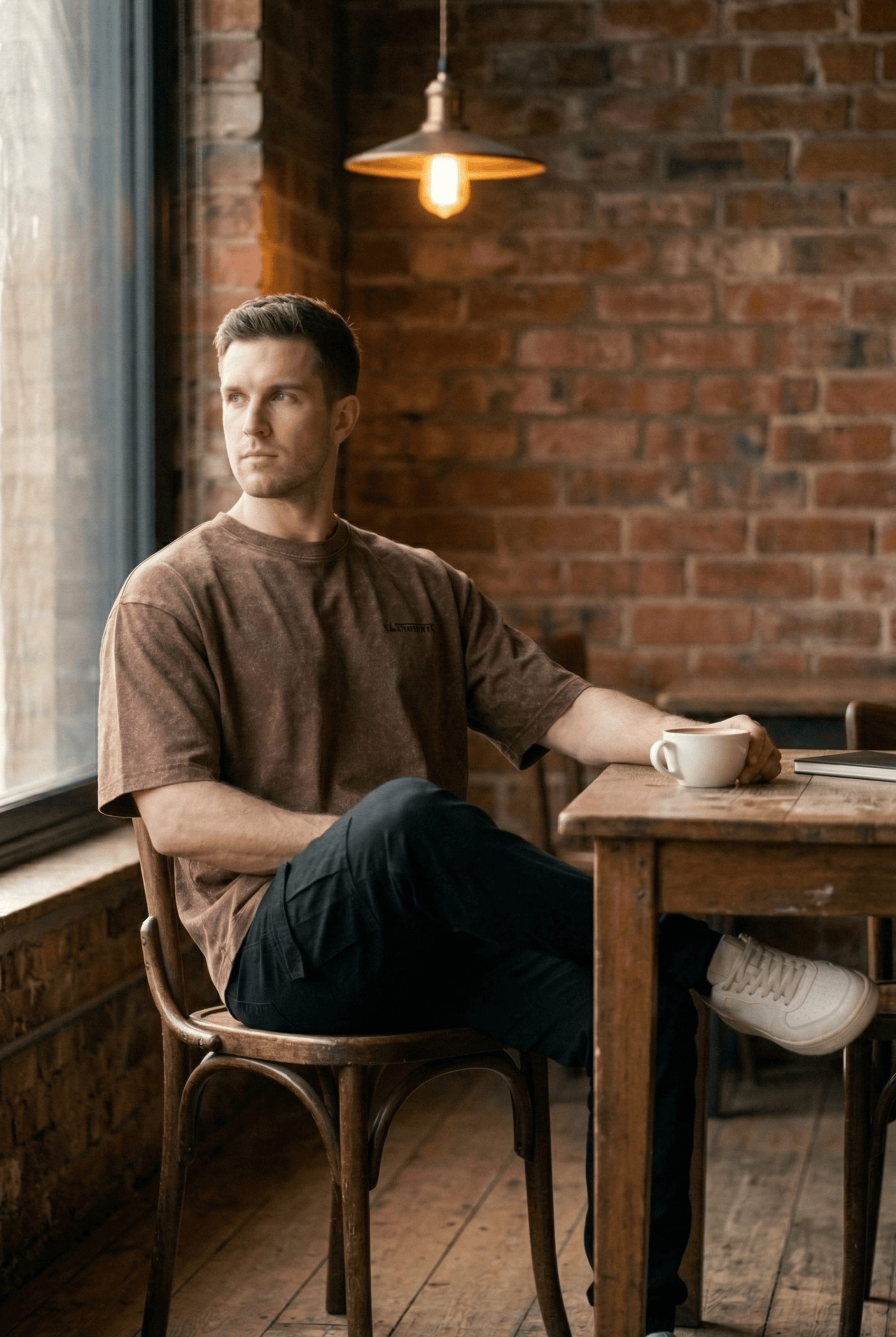 LaUrbania Mocha Mousse stone washed oversized t-shirt model sitting cafe looking through glass window