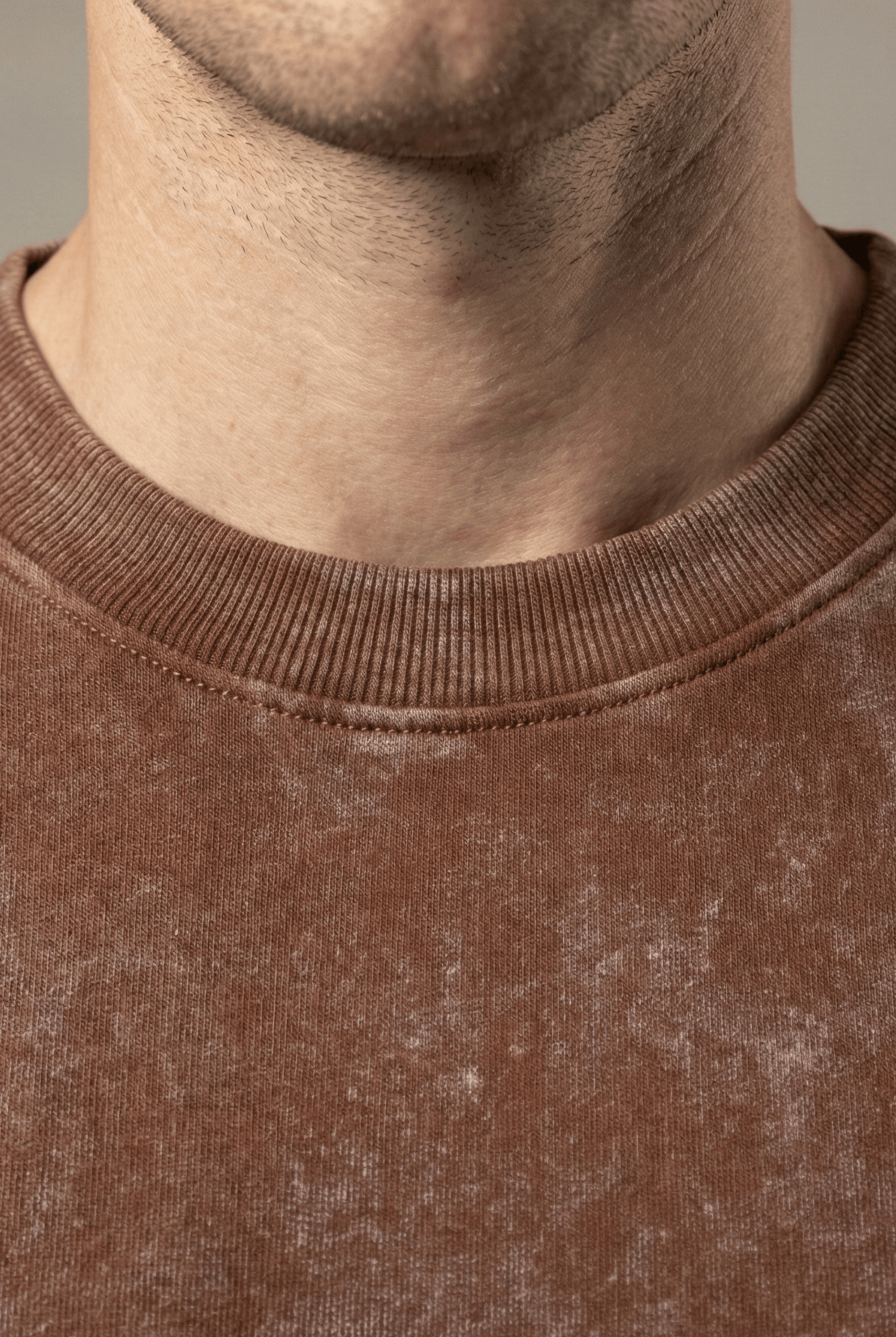 LaUrbania Mocha Mousse stone washed oversized tee texture closeup vintage finish collar detail