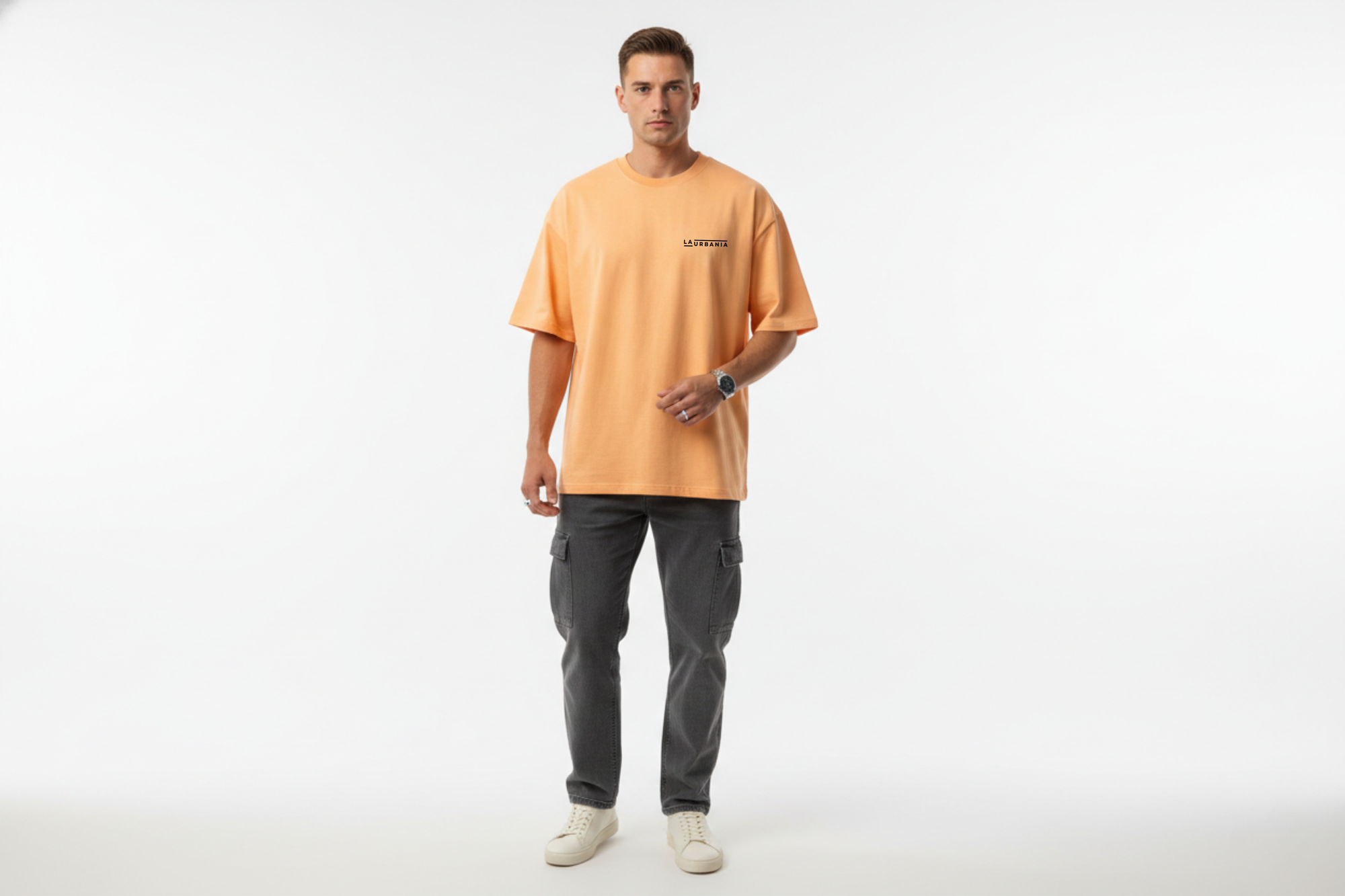 LaUrbania Peach Fuzz SUPIMA cotton oversized t-shirt full body studio shot