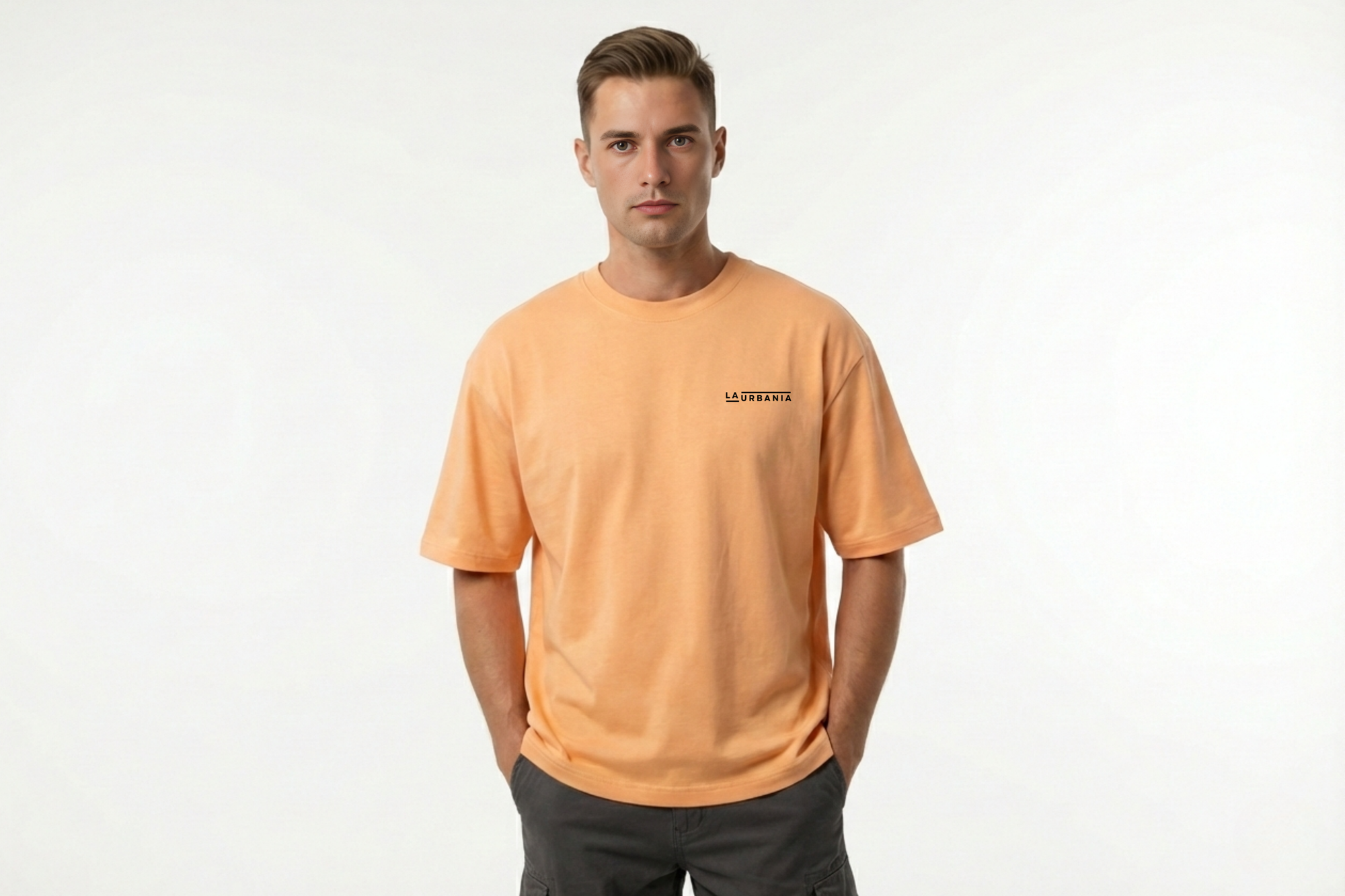 LaUrbania Peach Fuzz oversized tee upper body front view SUPIMA cotton