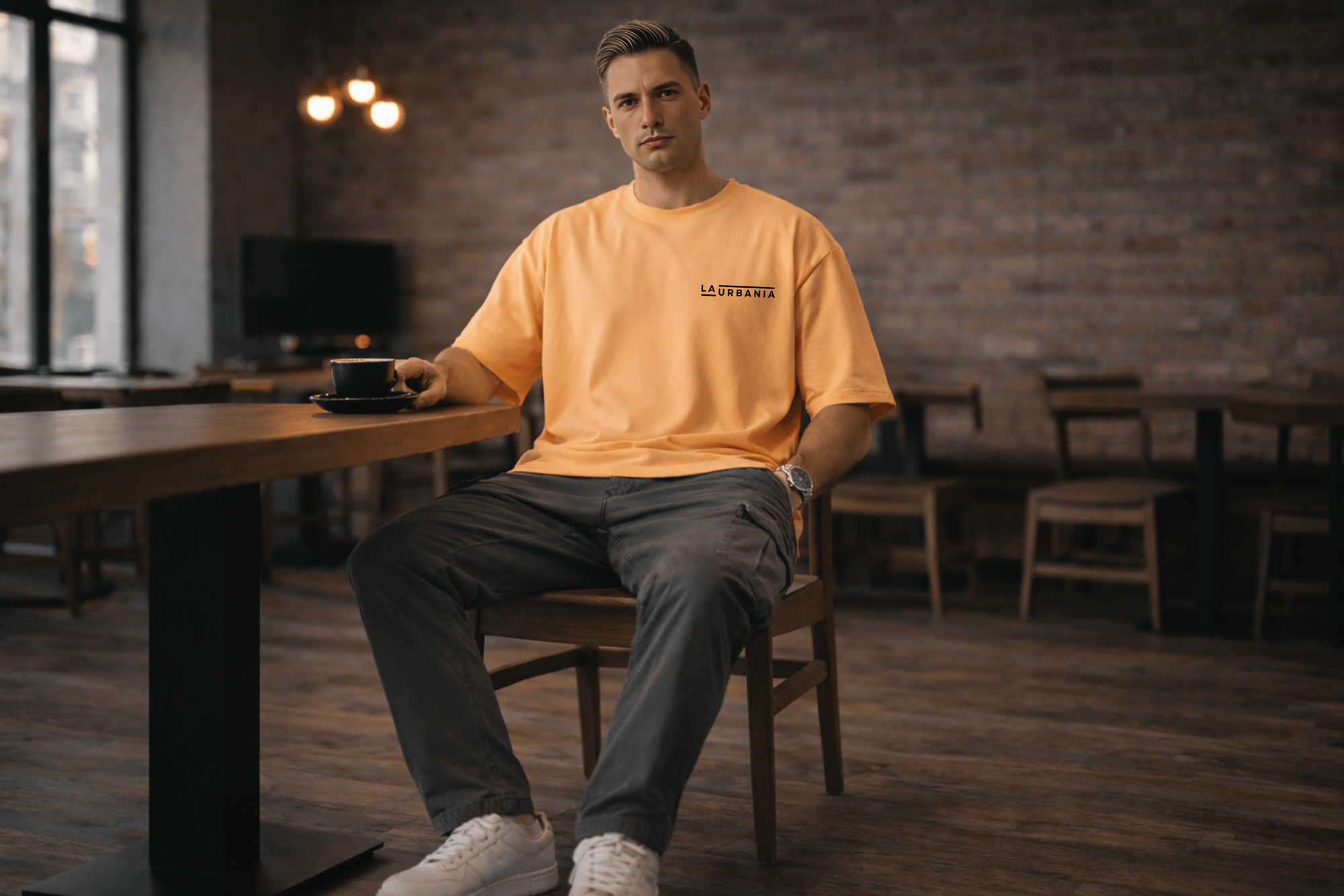 LaUrbania Peach Fuzz oversized t-shirt model sitting inside cafe casual urban style